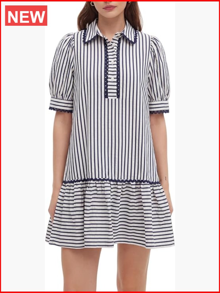 Striped Button Down Shift Mini Dress With Puff Sleeves